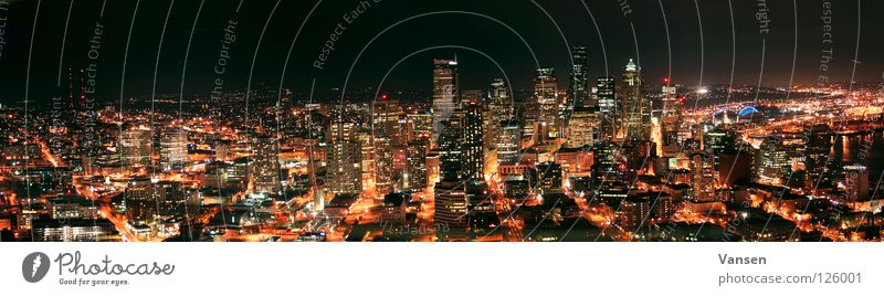 Seattle@Night Town Panorama (View) Dark Long exposure Vessel High-rise USA Light Skyline Large Panorama (Format)