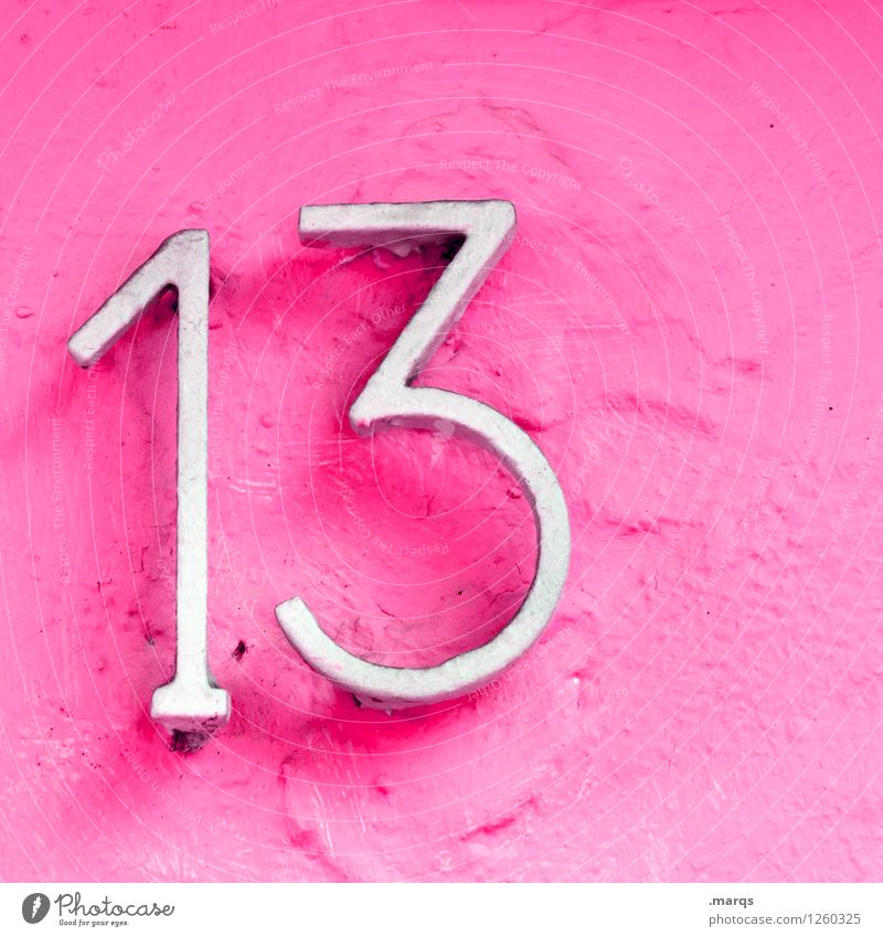 13 Style Wall (barrier) Wall (building) Digits and numbers Pink White Colour Happy House number Birthday Age Colour photo Exterior shot Close-up Deserted