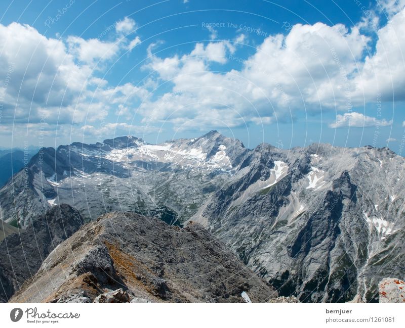 Germanys top mountain Environment Nature Landscape Clouds Summer Climate Beautiful weather Rock Alps Mountain Zugspitze Peak Authentic Sharp-edged Blue Gray