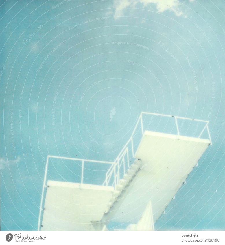 Polaroid shows white diving tower in front of blue sky in sunshine Joy Swimming pool Leisure and hobbies Vacation & Travel Freedom Summer Sun Stadium Water Sky