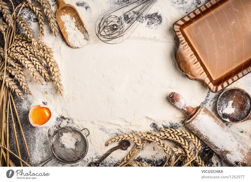 Flour background with devices for baking Food Grain Dough Baked goods Bread Roll Croissant Cake Nutrition Organic produce Spoon Style Design