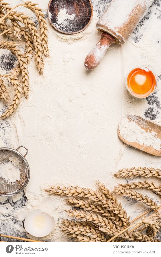 Flour background with equipment and ingredients for baking - a Royalty Free  Stock Photo from Photocase