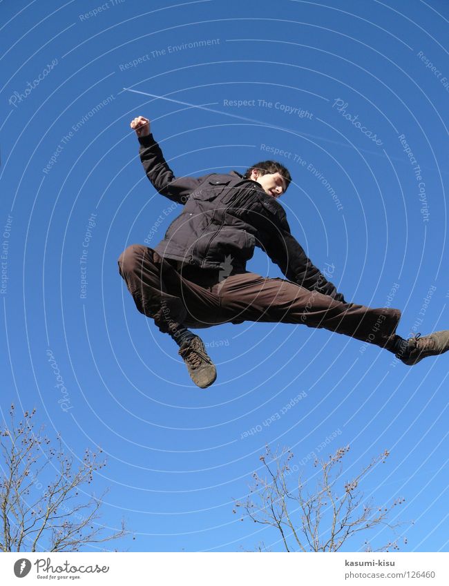 just FLYING Black Brown Jump Man Joy Playing Sky Blue Flying Branch
