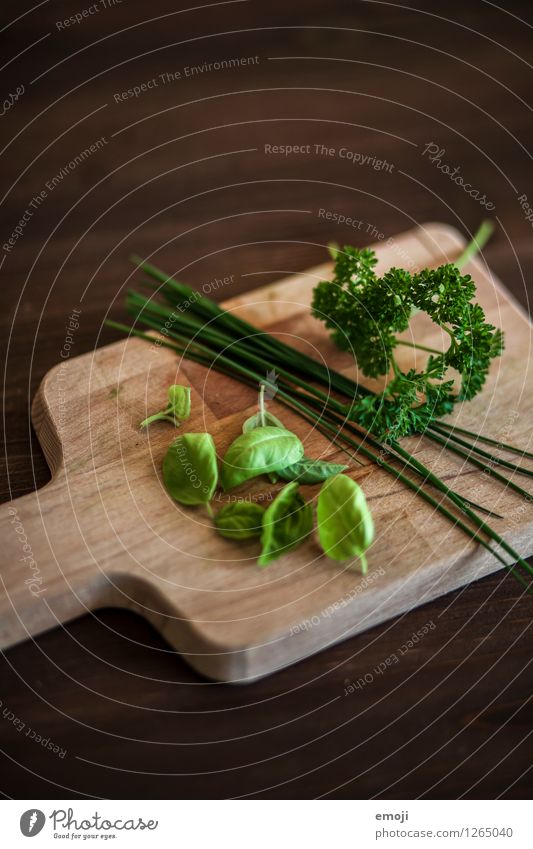 herbs Food Herbs and spices Basil Chives Parsley Nutrition Chopping board Natural Green Wood Wooden board Colour photo Interior shot Deserted Day