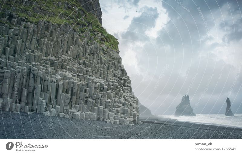 Basalt. Environment Nature Landscape Plant Earth Sand Water Clouds Horizon Grass Moss Coast Beach Fjord Old Esthetic Uniqueness Maritime Gloomy Blue Gray Green