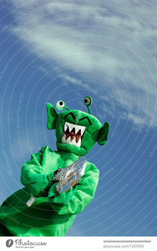 EASY! Art Work of art Esthetic Extraterrestrial being Monster Ogre Monstrous Weapon Handgun Laser Green Carnival costume Disguised Threat Surrealism