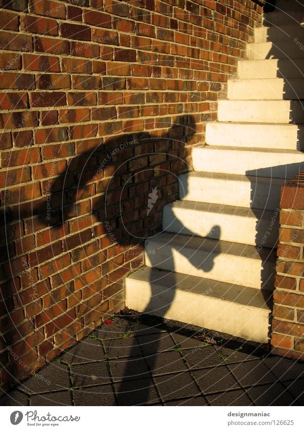shadowy existence Wall (building) Thief Brick Light Black Red White Wall (barrier) Drop shadow Ascending Entrance Visitor Shadow Stairs Sun Upward Legs Above