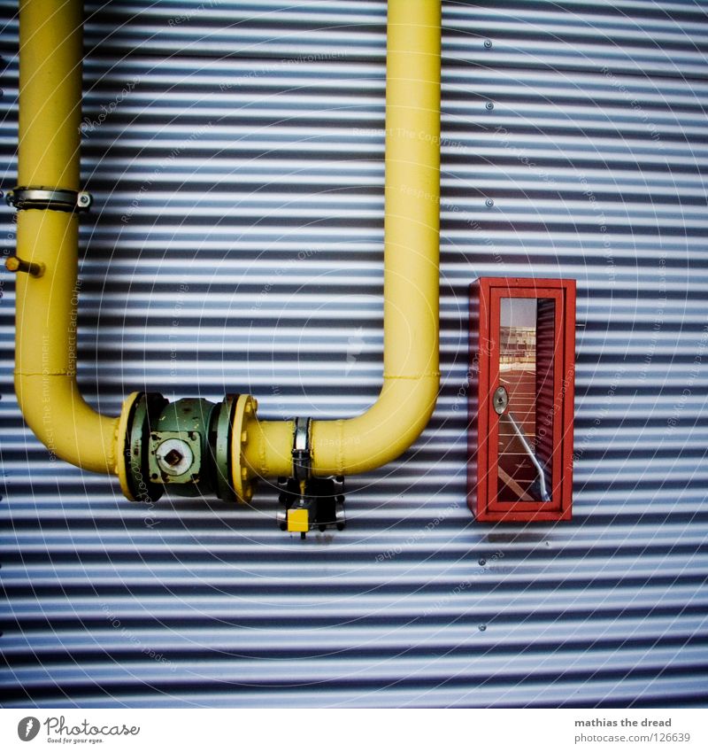 U-Turn Facade Tin Undulating Corrugated sheet iron Parallel Emergency End Screw wrench Yellow Curved Round Bird's-eye view Valve Connection Red Industry Fire