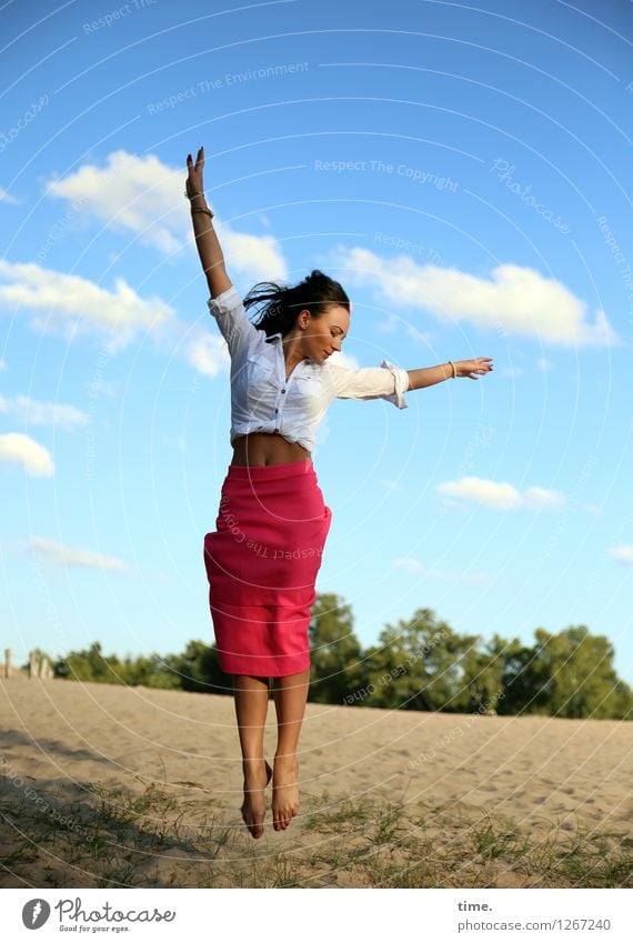 nastya Feminine Woman Adults 1 Human being Environment Nature Landscape Sand Beautiful weather Shirt Skirt Black-haired Long-haired Rotate Flying Jump Wild Joy