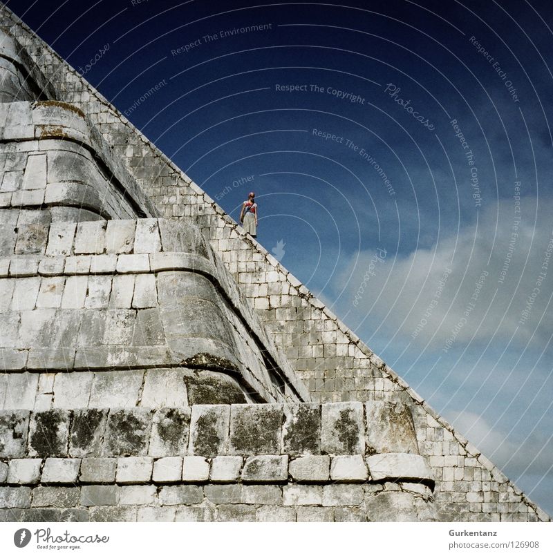 Mexico: 45° C Chichen Itza Maya Temple Native Americans Central America Clouds Woman Steep Go up House of worship Historic Corner Pyramid Sky Human being