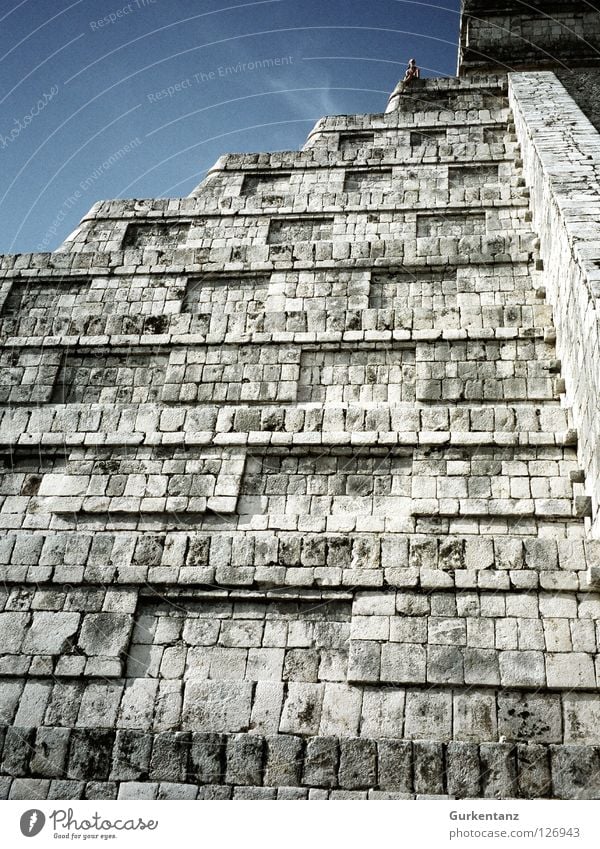 Maya wall Temple Native Americans Central America Steep Go up Mountaineering Mexico House of worship Historic chichen itzamaya Pyramid Sky little man Stone