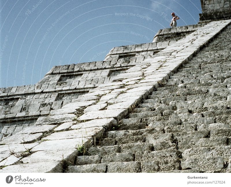 Top of Yucatan Temple Native Americans Central America Woman Steep Go up Mountaineering Mexico House of worship chichen itzamaya Pyramid Sky Human being