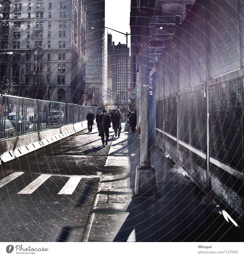 Walkin' by Ground 0 New York City Manhattan Going Sun Dazzle Fence Hoarding Construction site Zebra crossing Moody Haste Stress Lunch hour Banquet Human being