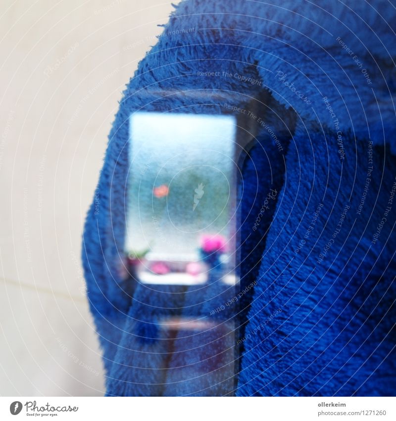 Window mirroring in terry towelling Room Bathroom Clothing Coat Bathrobe Mirror image Terry cloth Window board Blur Reflection Bright Cuddly Soft Blue White