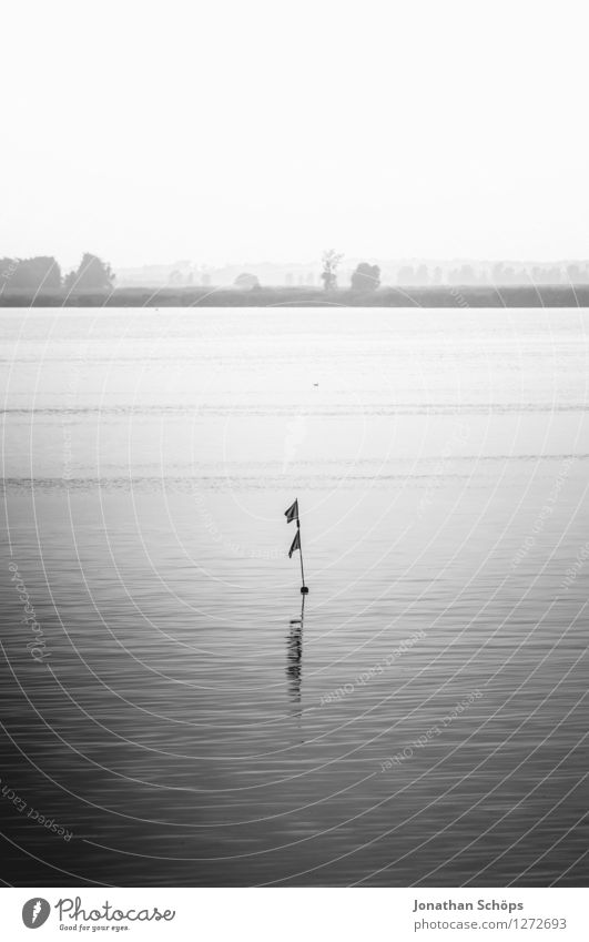 Oh dear buoy Environment Nature Landscape Air Water Sky Cloudless sky Coast Lakeside River bank Gloomy Sadness Longing Gray Buoy Flag Float in the water Horizon