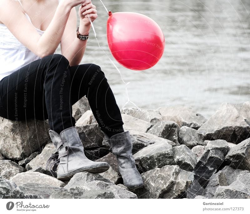 crash Summer Feminine Woman Adults Youth (Young adults) Chest Arm Hand Legs Feet River bank Pants Footwear Boots Balloon Think Sit Playing Dream Red Dreamily