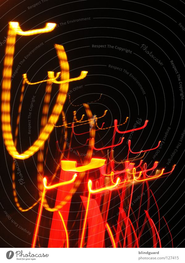 Cannste hook Red Yellow Light Rear light Transport White Gray Diffuse Dark Night Abstract Movement Speed Boredom Long exposure Colour Line Evening Bright