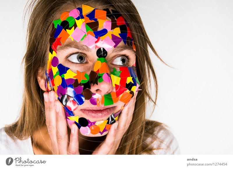 Confused woman running her hands over her face. She has colorful dots on her face. Human being Feminine Young woman Youth (Young adults) Woman Adults 1