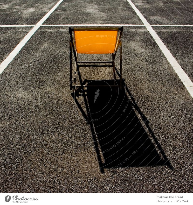 parked Places Structures and shapes Parking lot Rectangle Stripe Asphalt Tar Hard Pore Black Parking garage Deckchair Comfortable Summer Wood Yellow Loneliness