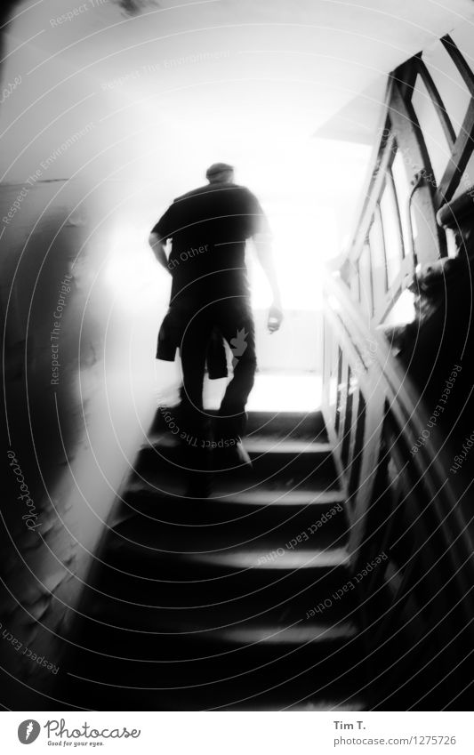 Man in the stairwell Human being Masculine Body 1 30 - 45 years Adults Staircase (Hallway) Old building Black & white photo Day Light Sunlight