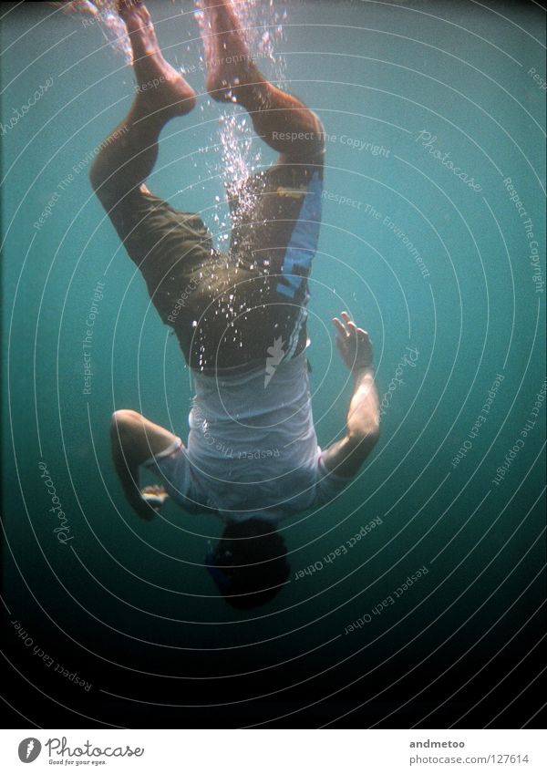 downunder Underwater photo In transit Swimming pool Lake Dive Ocean Water Air bubble Head Man Freediving Summer Cyan Turquoise Waves Aquatics Navigation bubbles