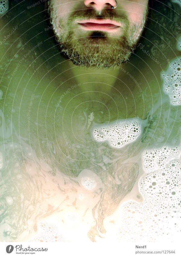 foam Man Facial hair Foam Green Beautiful Water Swimming & Bathing Mouth Nose Wash Bathtub water Section of image Partially visible Detail of face Face of a man