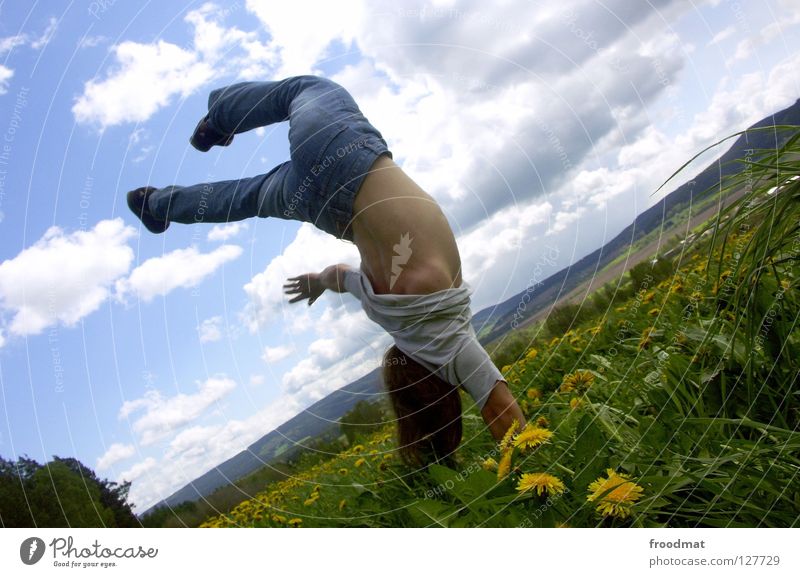 one-handed stand Flower Meadow Panorama (View) Jump Clouds Ilmenau Spring Dazzle Idyll Youth (Young adults) Heavenly Beautiful Alert High spirits Action Air