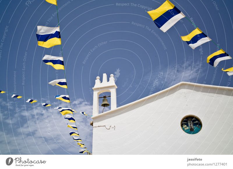 flutter around the church... Church Manmade structures Building Architecture Decoration Flag Bright Blue White Caleta de Sebo Bell Bell tower Canaries