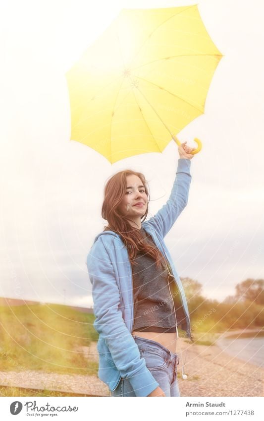 smiling Woman with yellow umbrella Lifestyle Style Beautiful Contentment Human being Feminine Young woman Youth (Young adults) Adults 1 13 - 18 years Nature