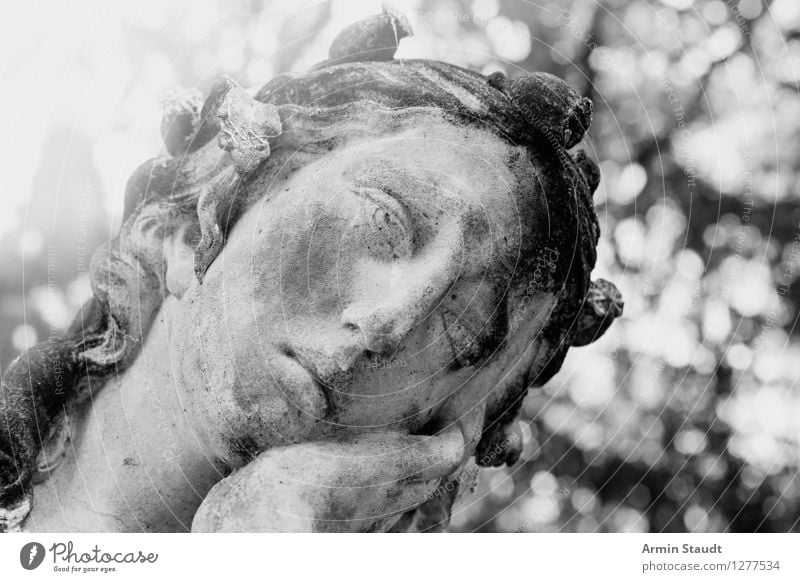Pathetic sculpture Style Design Feminine Face Sculpture Nature Plant Beautiful weather Park Old Kitsch Retro Gray Sadness Concern Grief Fatigue Reluctance Pain
