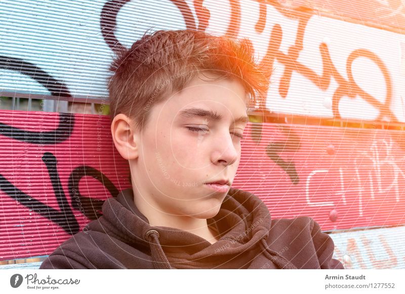 portrait of a sleeping teenager sitting on a bench Lifestyle Style Design Beautiful Summer Bench Human being Masculine Young man Youth (Young adults) Head 1