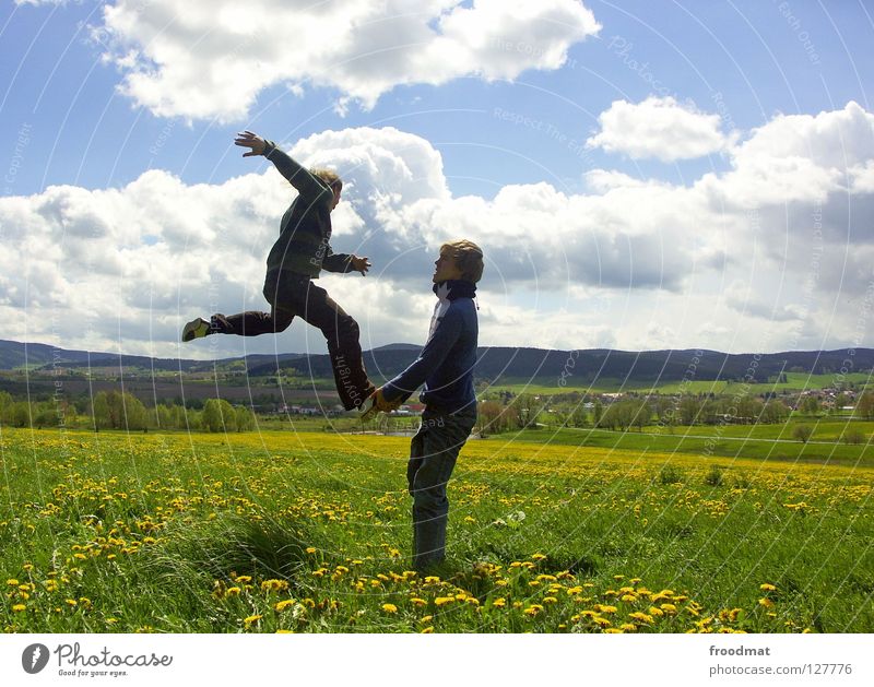 robber ladder Flower Meadow Panorama (View) Clouds Ilmenau Spring Dazzle Idyll Youth (Young adults) Heavenly Beautiful Alert High spirits Action Air Frozen