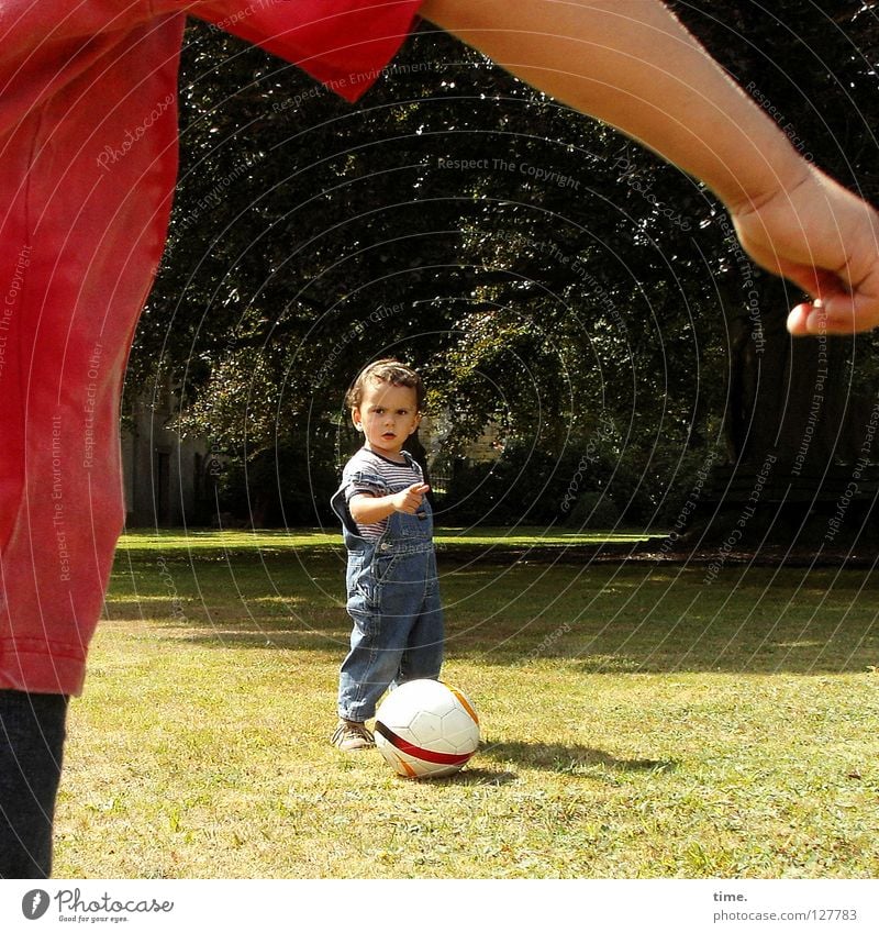Pampers-Liga / Direction training Joy Playing Ball sports Soccer Child Boy (child) Arm Tree Meadow Toys To talk Communicate Amazed Interpret Make believe