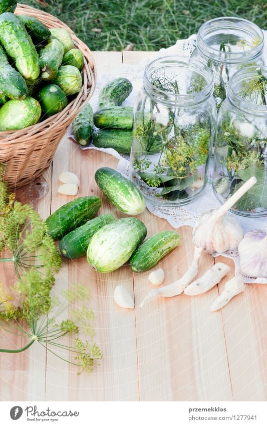 Preparing ingredients for pickling cucumbers Vegetable Herbs and spices Vegetarian diet Garden Fresh Natural Green Basket Canned Dill food Garlic glass healthy