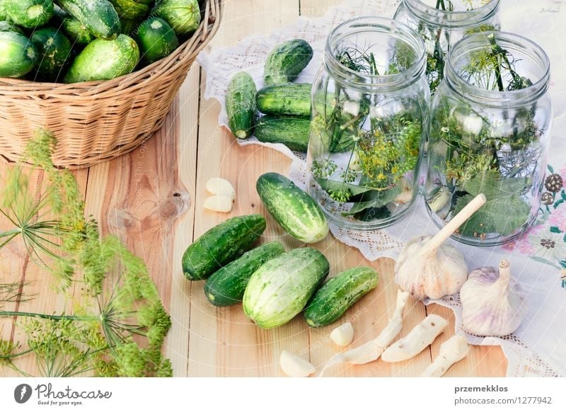 Preparing ingredients for pickling cucumbers Vegetable Herbs and spices Vegetarian diet Garden Fresh Natural Green Basket Canned Dill food Garlic glass healthy