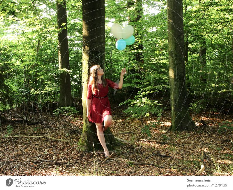 forest whispers Trip Summer Feminine Young woman Youth (Young adults) 18 - 30 years Adults Nature Tree Bushes Forest Dress Balloon Esthetic Happiness Natural