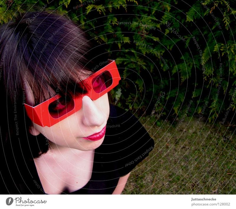 Simple Girl Woman Youth (Young adults) Red Pink Eyeglasses Sunglasses Lipstick Portrait photograph Backwards Success Club eightier 80 eighties 1980 Cool (slang)