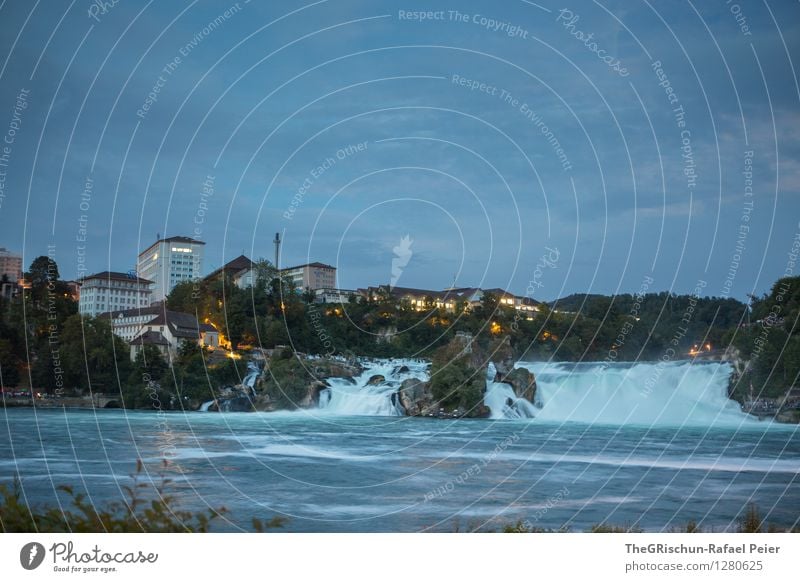 RHINE FALLS Environment Nature Landscape Water Drops of water Blue Brown Yellow Gray Green Black Rhein falls Twilight Waterfall House (Residential Structure)