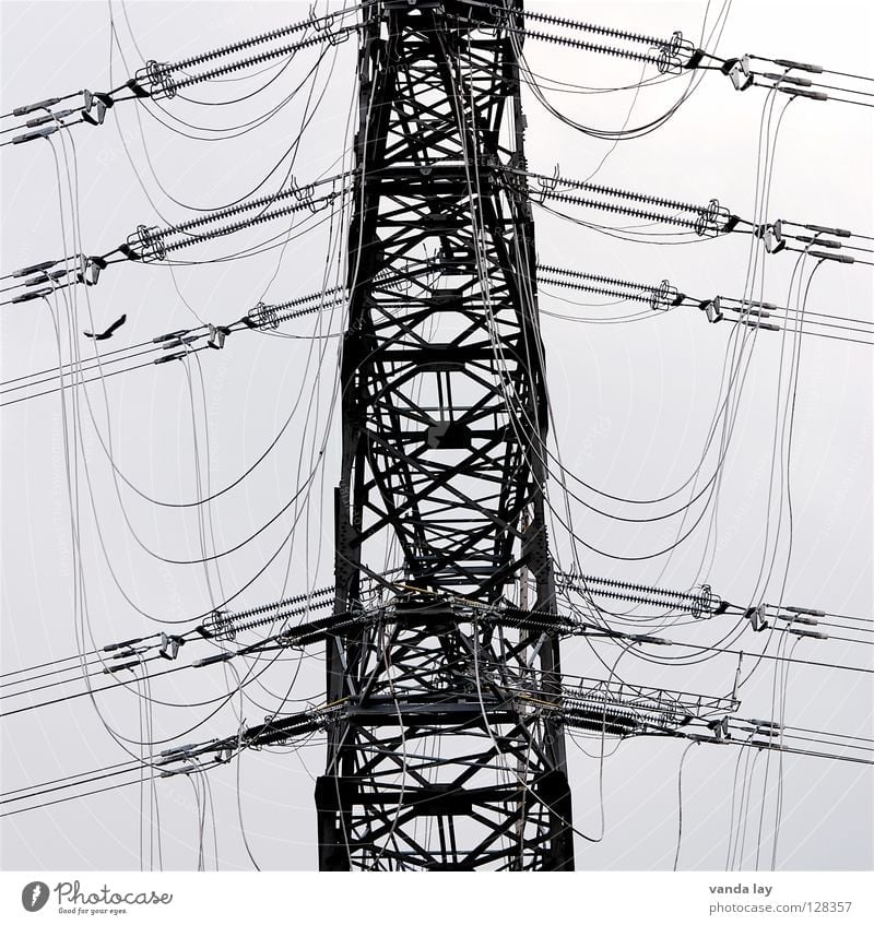 tangled cables Electricity pylon Electronic Gray Wire Iron Environment Cable Power Power failure Impaired consciousness High voltage power line Construction