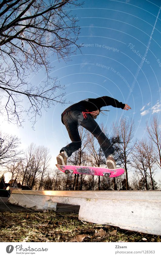 frontside boardslide II Action Skateboarding Contentment Kickflip Salto Jump Striped Tar Concrete Light Tree Wide angle Youth (Young adults) Sports Puddle