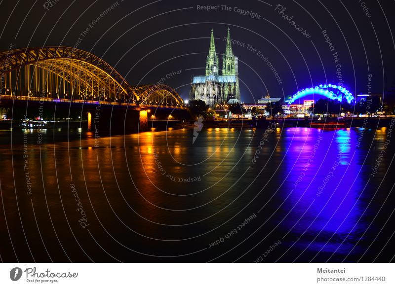Skyline Cologne Germany Europe Town Downtown Dome Bridge Tourist Attraction Landmark Cologne Cathedral Illuminate Multicoloured Colour photo Exterior shot