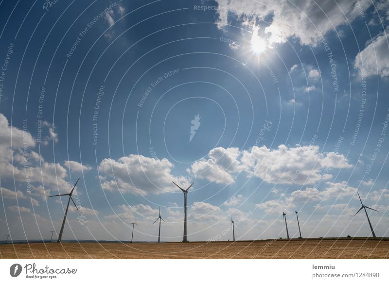Wind turbines in the Swabian Alb Technology Advancement Future Energy industry Renewable energy Wind energy plant Nature Sky Clouds Sun Sunlight Blue Esthetic