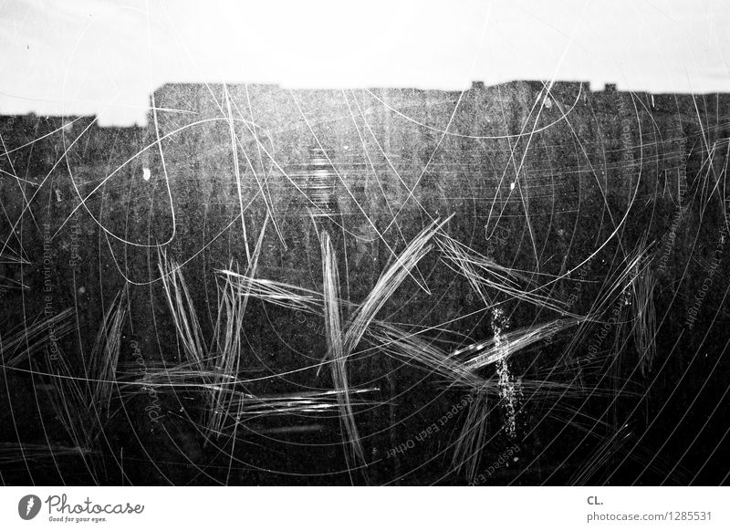 scratch surfaces Town Window Window pane Scratch mark Destruction Black & white photo Abstract Structures and shapes Deserted Day Light Sunlight