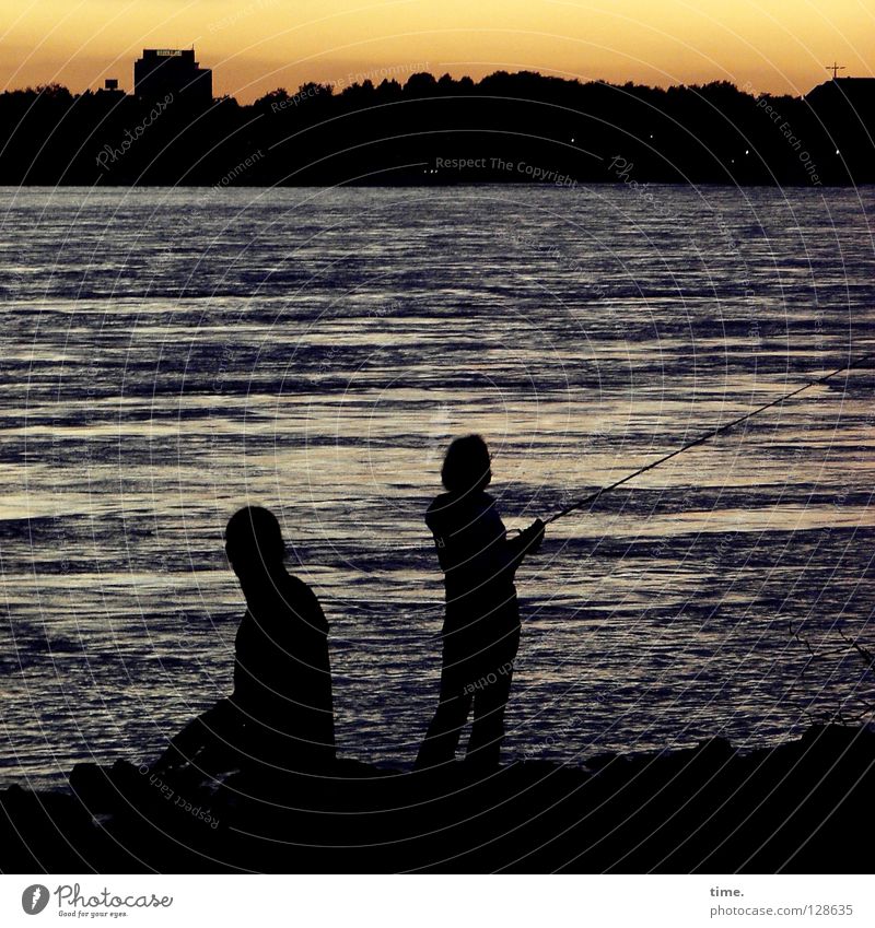 deceleration Sunset Wet Angler Fishing rod Relaxation To enjoy Waves Current Leisure and hobbies Man Masculine Extreme sports River Brook pretty Dusk Evening