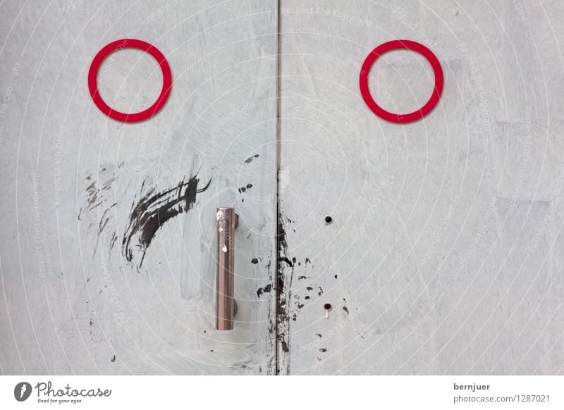 door Metal Sign Face Facial expression Red White door handle Circle Structures and shapes Smiley Geometry abstraction Line Deserted Steel whorls Colour