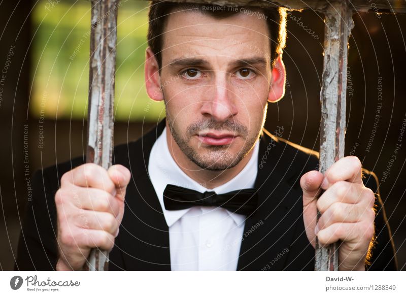 Man in bow tie and suit locked up penned Suit Fly lattice bars Adults Colour photo Human being 1 Interior shot portrait Exterior shot Life Captured jail hands