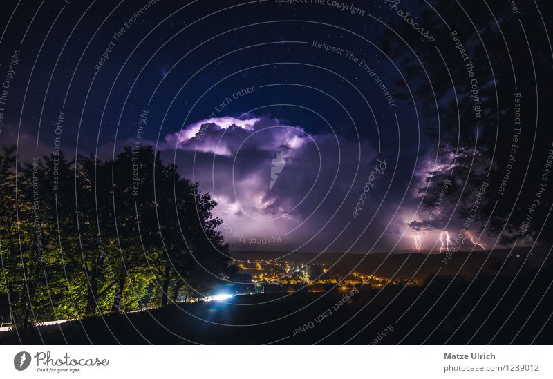 Thunderstorm over the city Environment Clouds Storm clouds Night sky Stars Horizon Weather Bad weather Thunder and lightning Lightning Tree Hill Village
