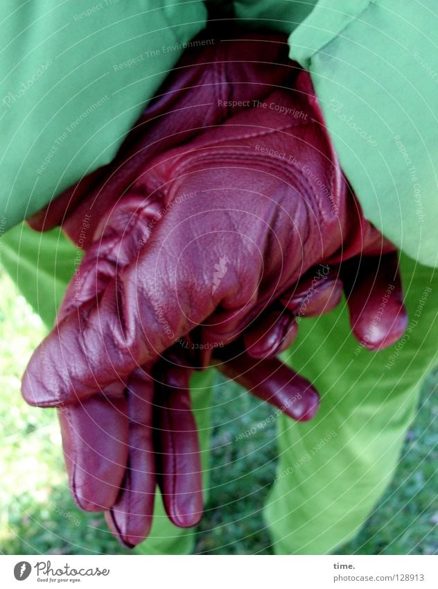 contrast medium Green Aubergine Red Jacket Gloves Crossed Backwards Pants Meadow Leather Folded Colour combination Art Arts and crafts Detail Clothing gloves