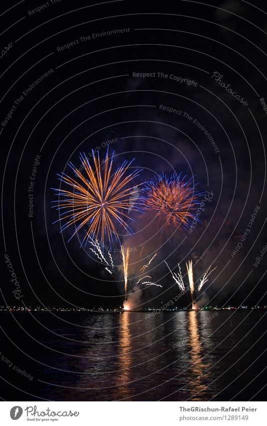 Fireworks 1 Art Stage play Blue Multicoloured Gray Orange Red Black White Bang Loud Dye Spectacle Firm Feasts & Celebrations Lake Reflection Flower