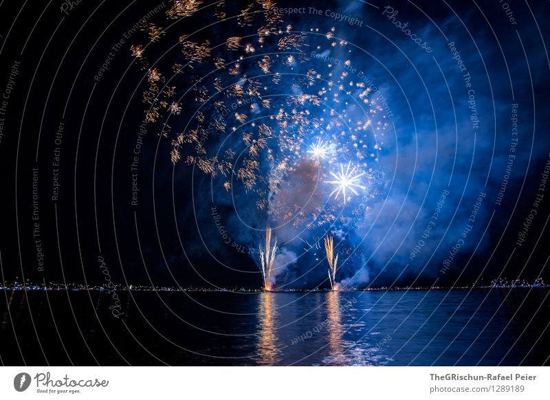 Fireworks 6 Artist Stage play Blue Orange Black Silver Lake Lakeside Rocket Explode Smoke Firm Feasts & Celebrations Party Night Horizon Dark Illuminating Bang